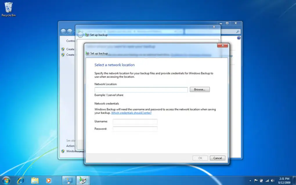 Windows 7 Professional license setup screen showing backup and network location options with digital license activation