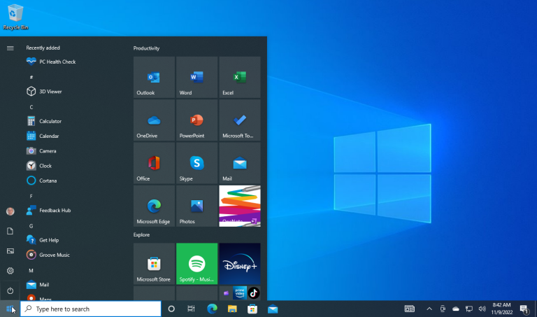 Windows 10 Enterprise LTSC 2021 start menu with productivity apps, licensed via digital license for professional use on Windows 10 Enterprise LTSC 2021.