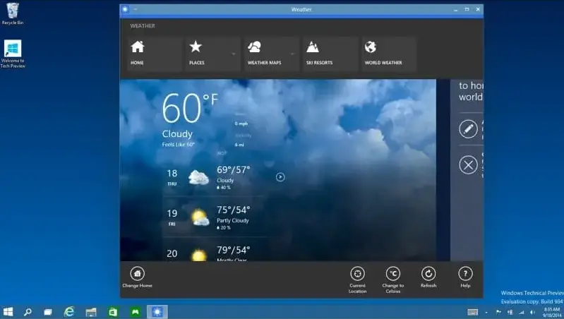 Windows 10 Home N desktop with Weather app – activated with Digital License.