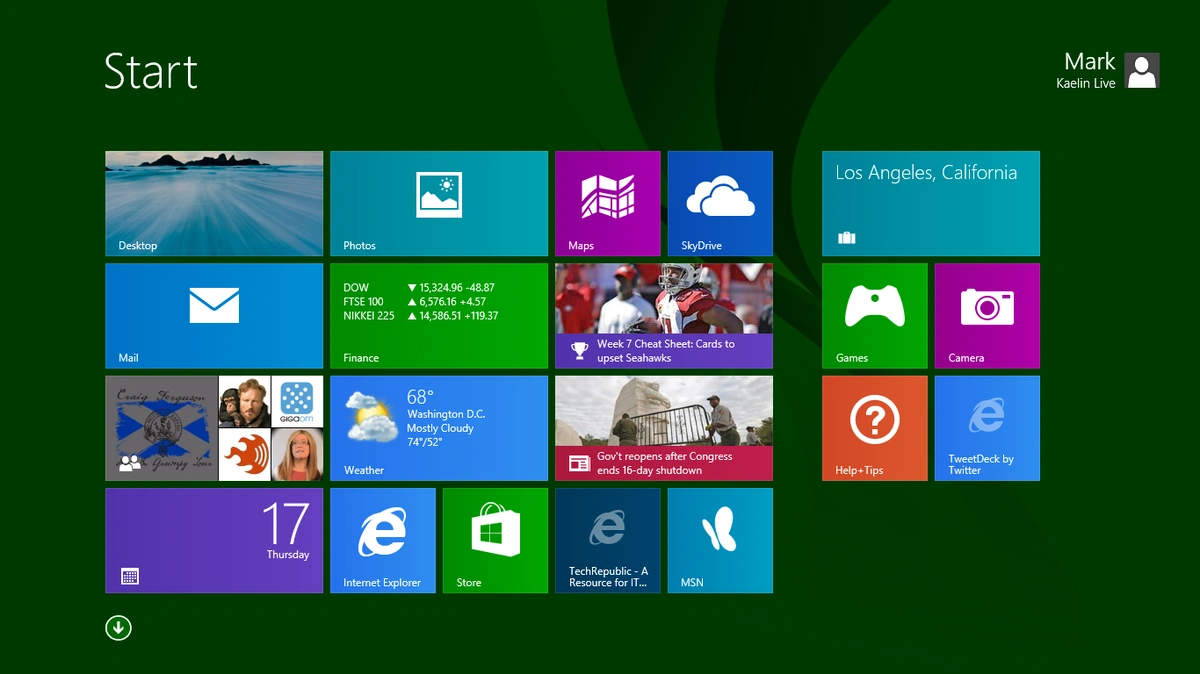 Windows 8.1 Pro start screen with live tiles – Windows 8.1 Pro Digital License for apps, mail, weather, and store access