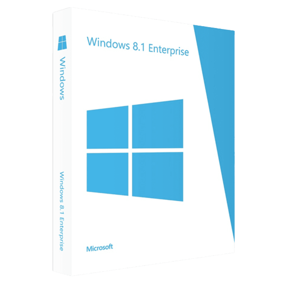 Windows 8.1 Enterprise retail box packaging – genuine Windows 8.1 Enterprise license with digital license support for businesses.