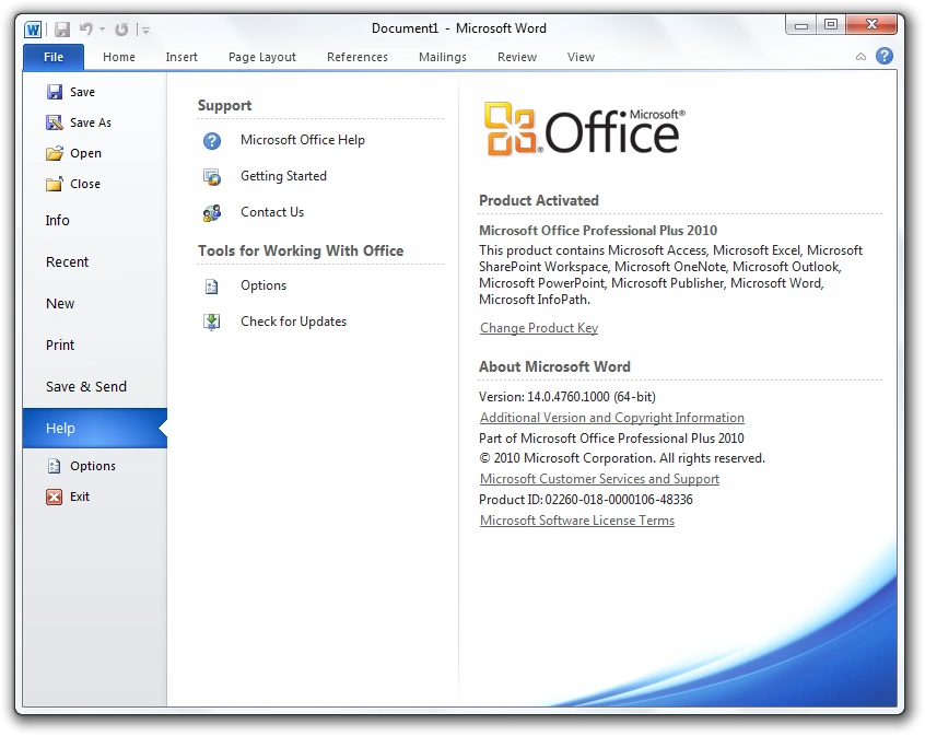 Microsoft Office 2010 Professional Plus activated on Windows 7 showing Word 2010 license and product information