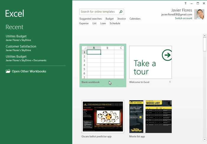 Microsoft Office 2013 Professional Plus Excel start screen with templates and recent workbooks