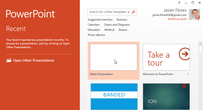Microsoft Office 2013 Professional Plus PowerPoint start screen with templates and recent presentations