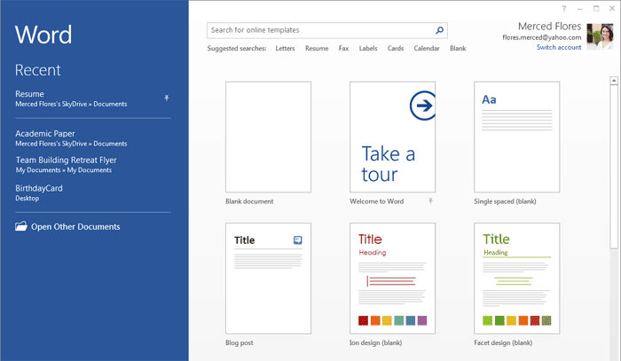 Microsoft Office 2013 Professional Plus Word start screen showing templates and recent documents